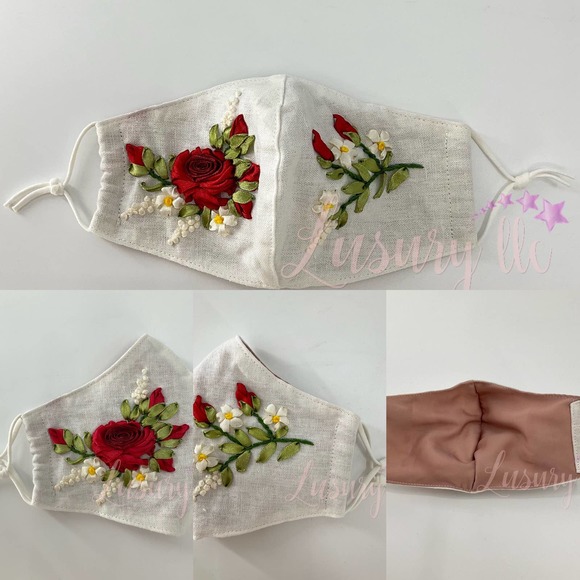 Red Rose Embroidery Passport Wallet & Silk Mask, Wedding Gift,Versatile Washable - Picture 10 of 15